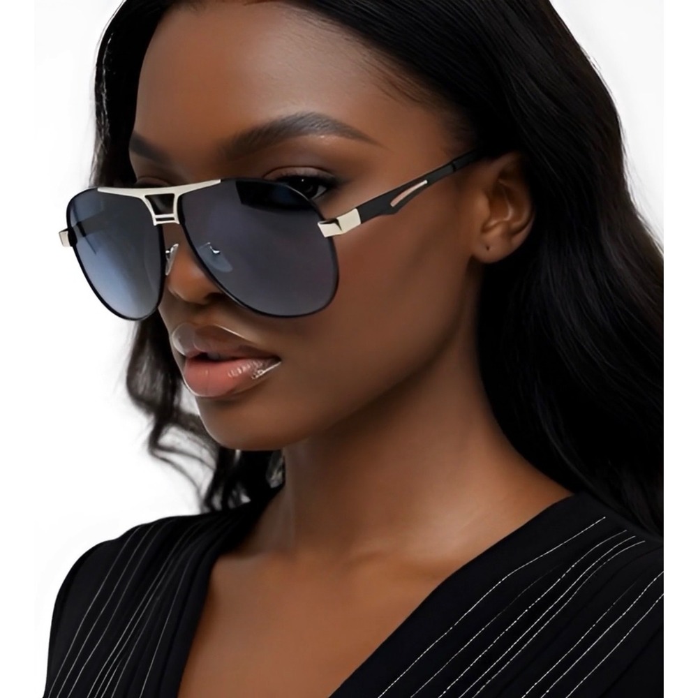 Aviator Sunglasses‎ Women Dark Lenses Silver Metal Frame Black Arms Chic Fashion